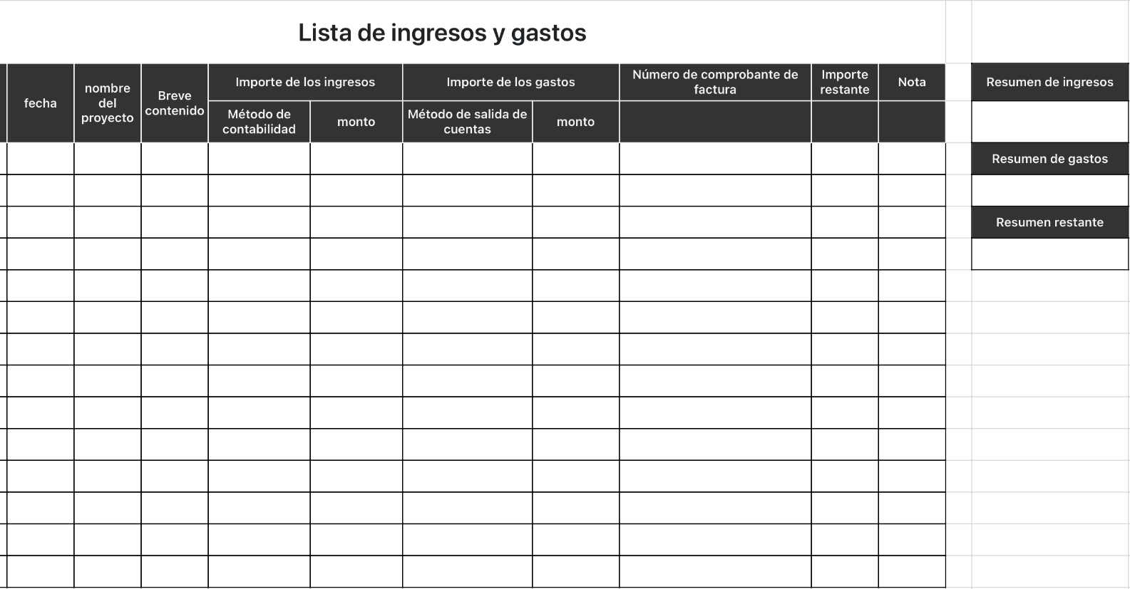 Lista de ingresos y gastos